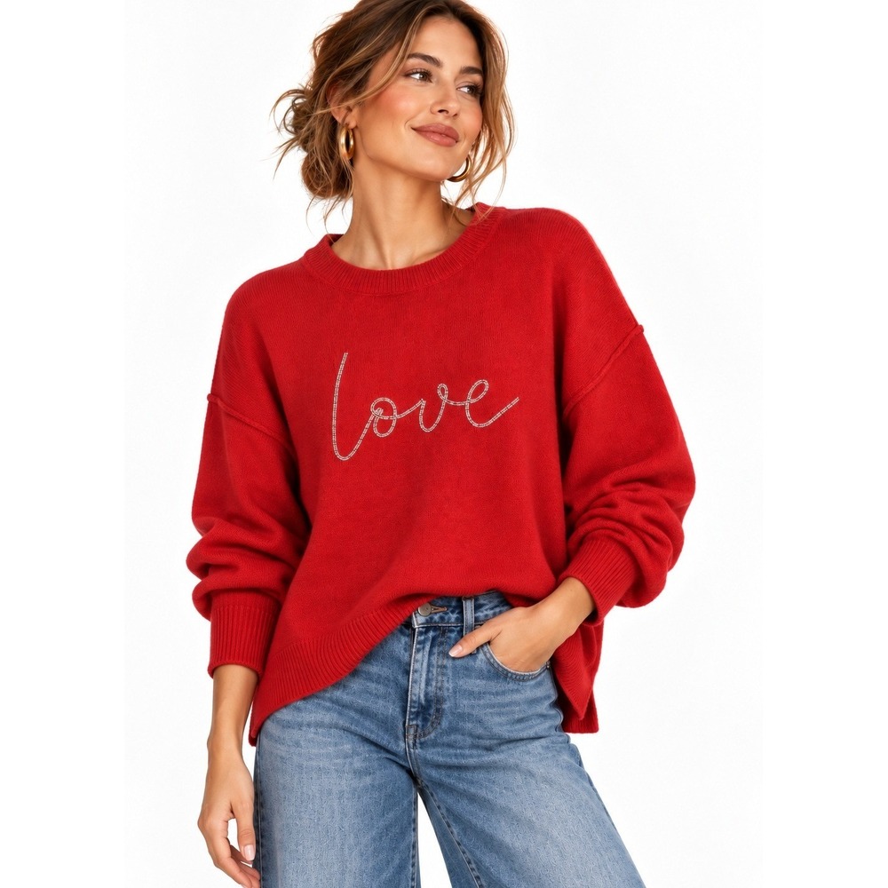 CeCe Beaded Letters Sweater Women Large Red NWT